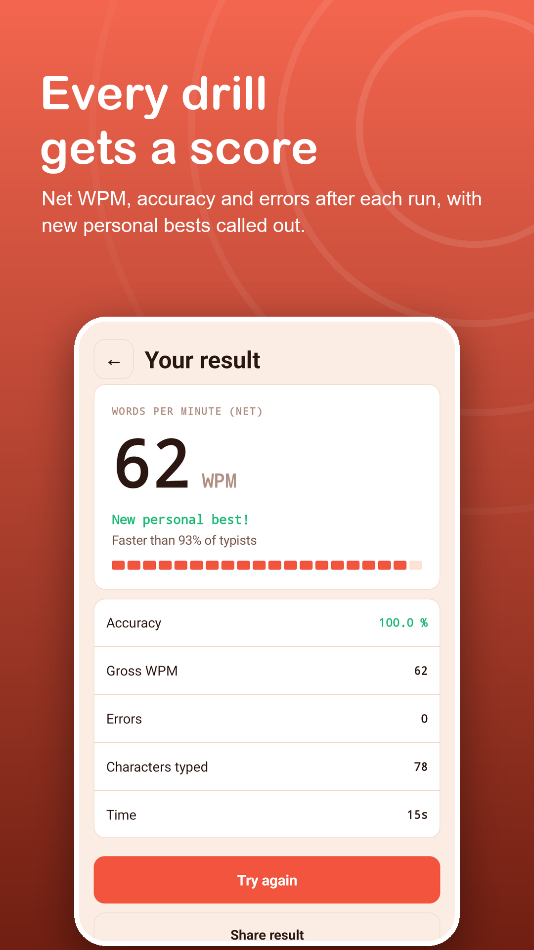 Result screen with a new personal best